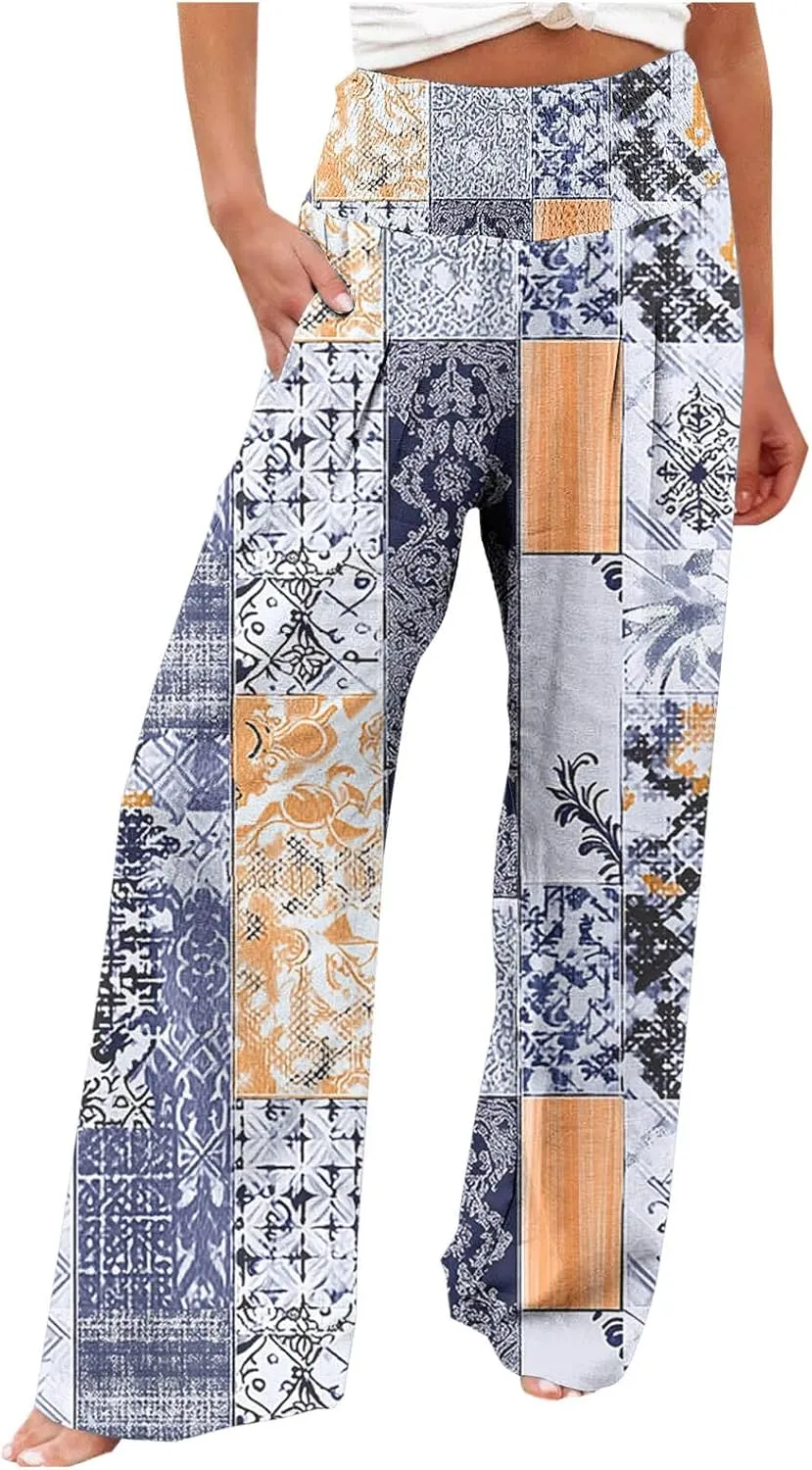 Flowy Summer Pants for Women Casual Loose Printed Linen Beach Pants Women Wide Leg Linen Pants Trousers Pockets