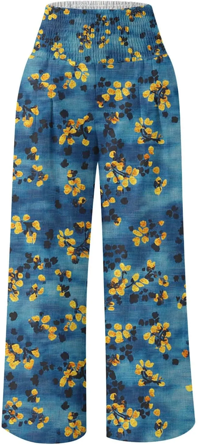 Flowy Summer Pants for Women Casual Loose Printed Linen Beach Pants Women Wide Leg Linen Pants Trousers Pockets