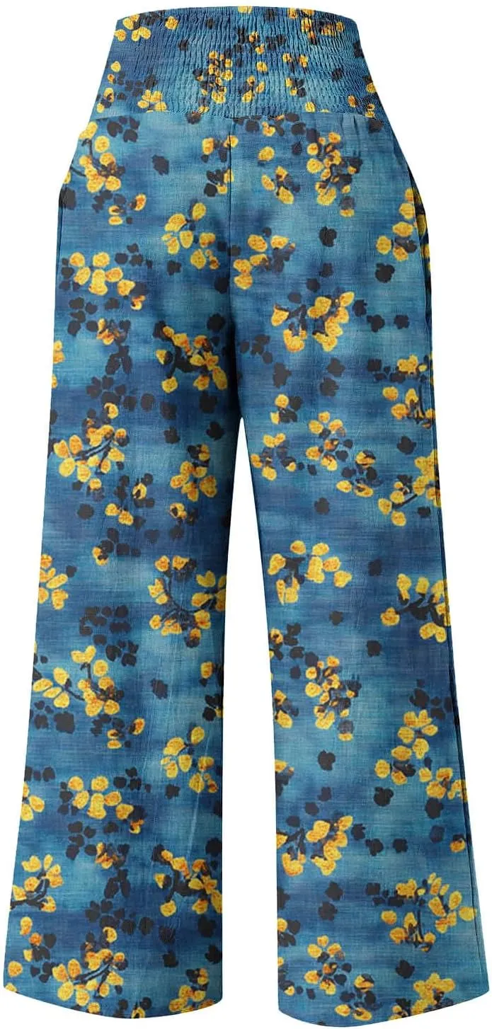 Flowy Summer Pants for Women Casual Loose Printed Linen Beach Pants Women Wide Leg Linen Pants Trousers Pockets