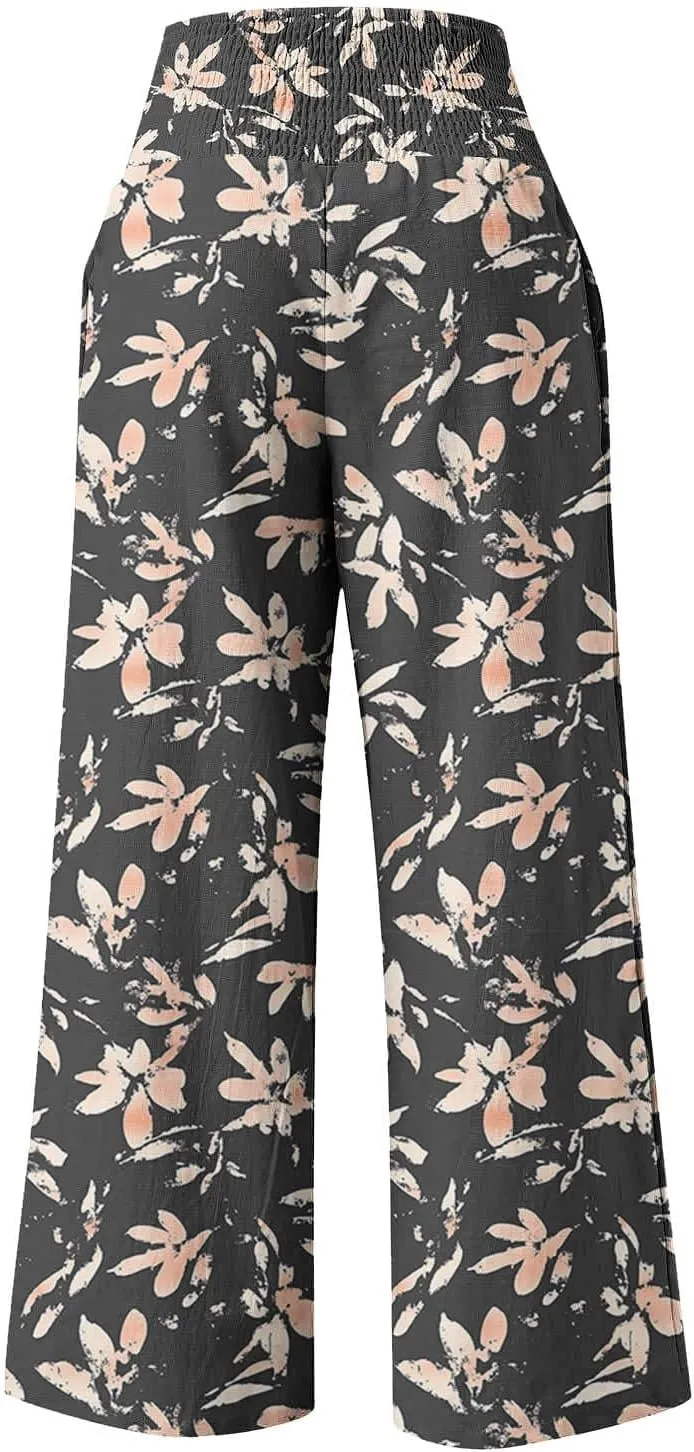 Flowy Summer Pants for Women Casual Loose Printed Linen Beach Pants Women Wide Leg Linen Pants Trousers Pockets