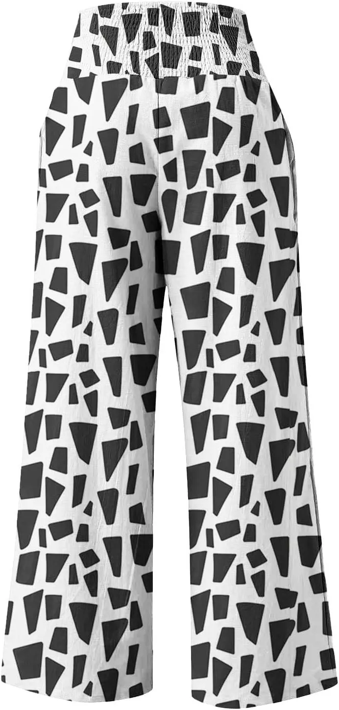 Flowy Summer Pants for Women Casual Loose Printed Linen Beach Pants Women Wide Leg Linen Pants Trousers Pockets