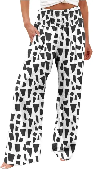 Flowy Summer Pants for Women Casual Loose Printed Linen Beach Pants Women Wide Leg Linen Pants Trousers Pockets