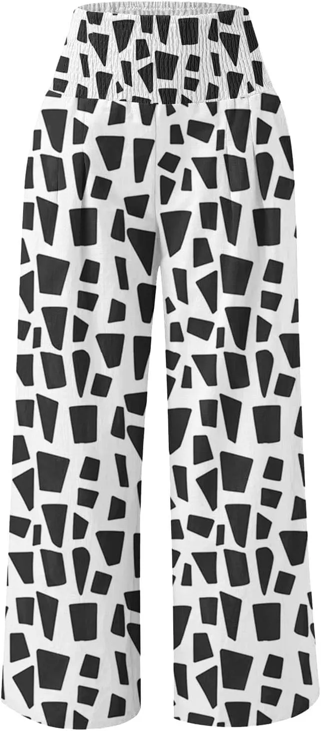 Flowy Summer Pants for Women Casual Loose Printed Linen Beach Pants Women Wide Leg Linen Pants Trousers Pockets