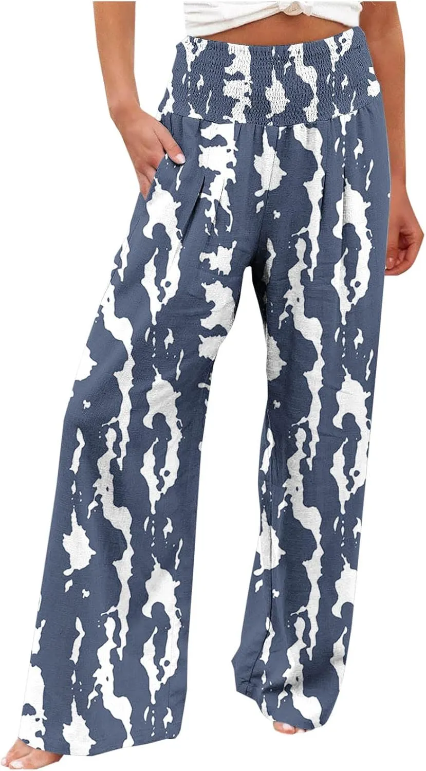 Flowy Summer Pants for Women Casual Loose Printed Linen Beach Pants Women Wide Leg Linen Pants Trousers Pockets