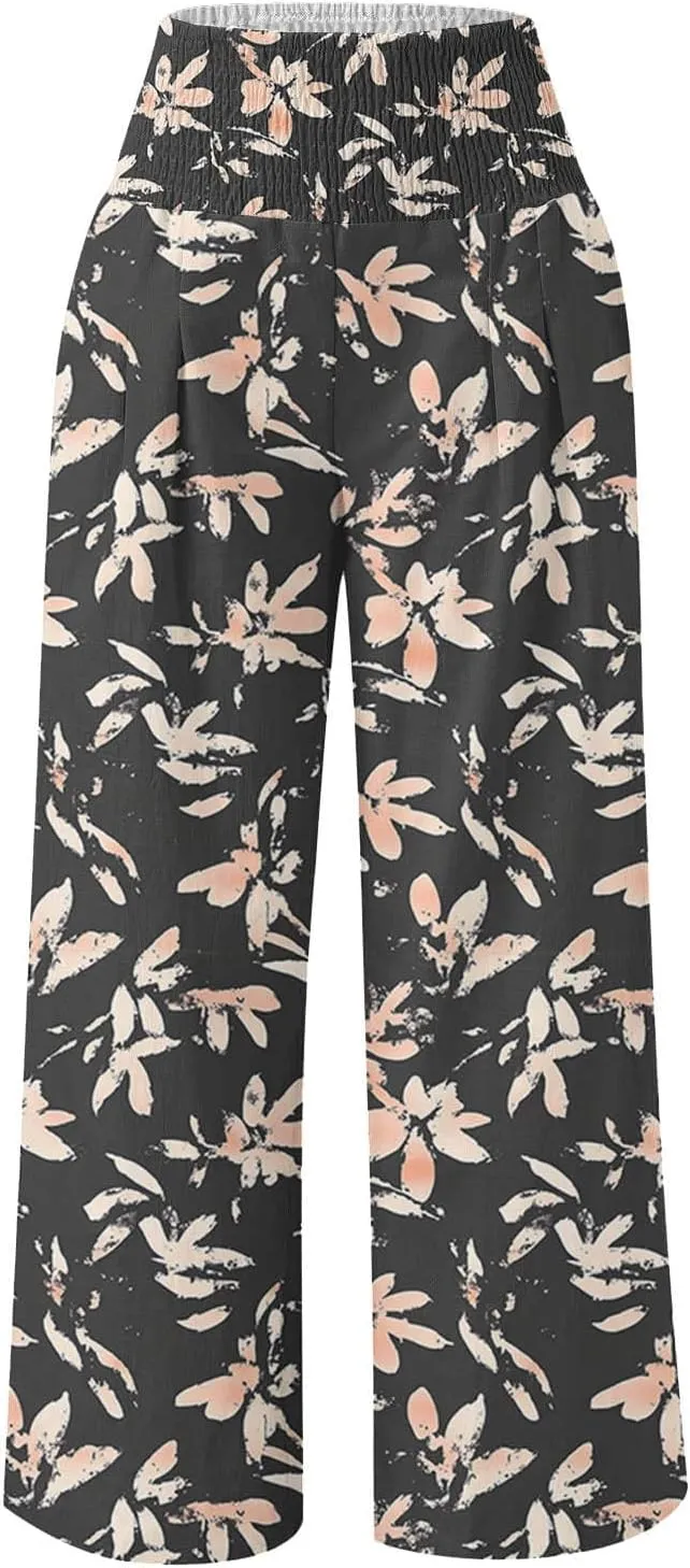 Flowy Summer Pants for Women Casual Loose Printed Linen Beach Pants Women Wide Leg Linen Pants Trousers Pockets