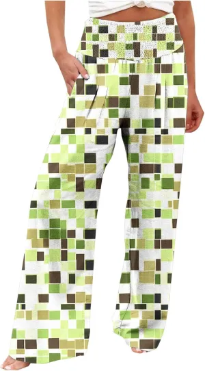 Flowy Summer Pants for Women Casual Loose Printed Linen Beach Pants Women Wide Leg Linen Pants Trousers Pockets
