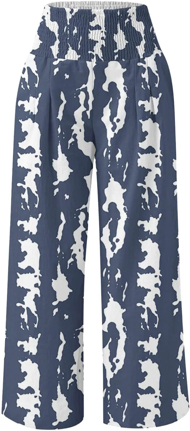 Flowy Summer Pants for Women Casual Loose Printed Linen Beach Pants Women Wide Leg Linen Pants Trousers Pockets