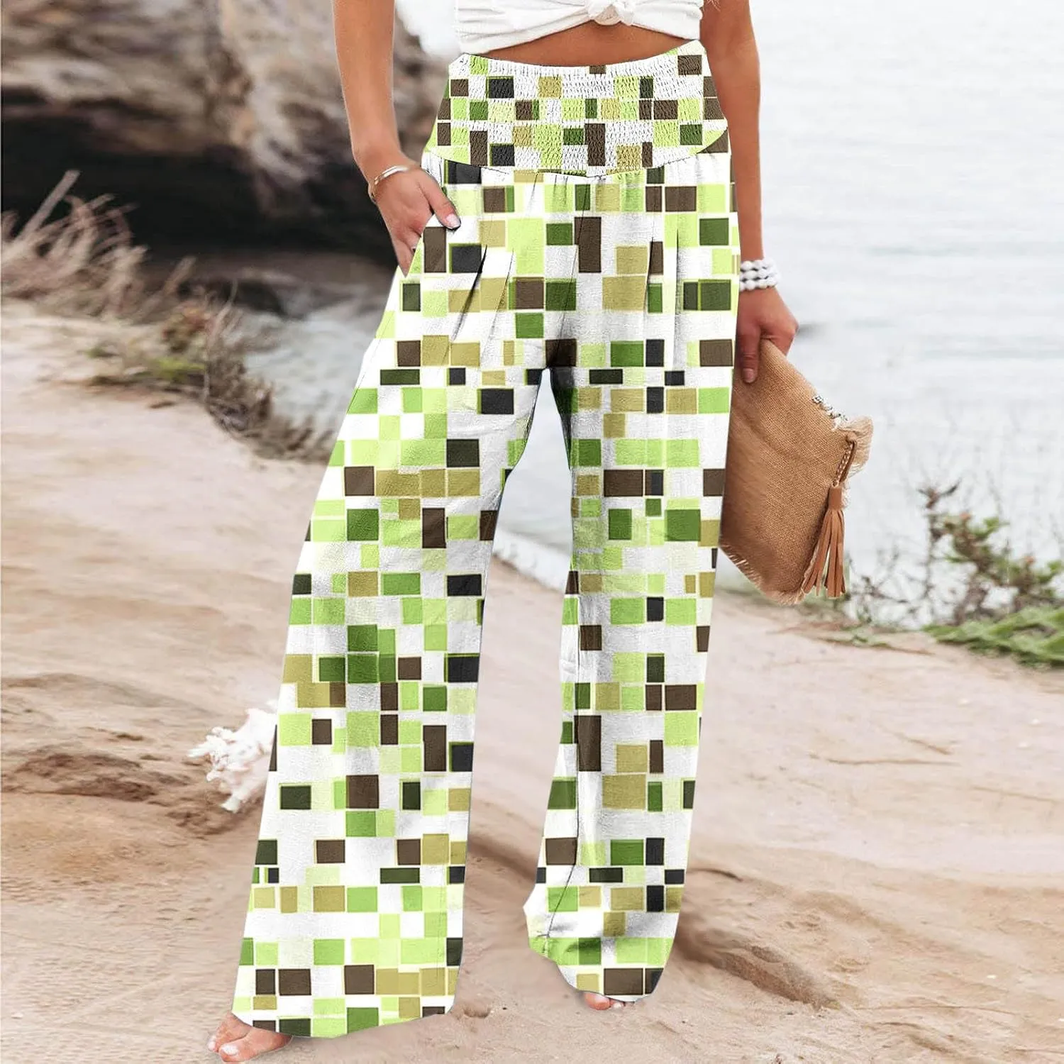Flowy Summer Pants for Women Casual Loose Printed Linen Beach Pants Women Wide Leg Linen Pants Trousers Pockets
