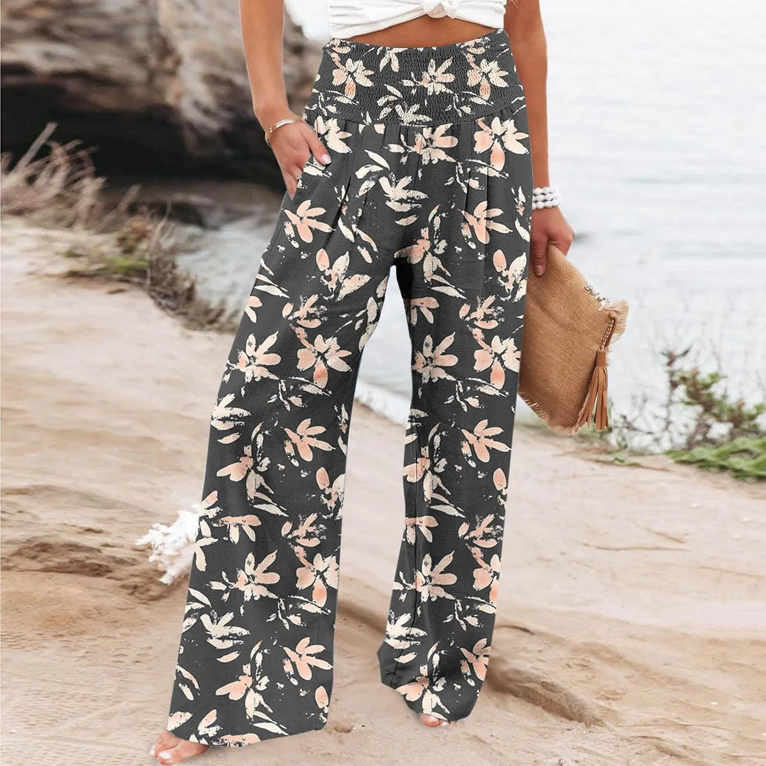 Flowy Summer Pants for Women Casual Loose Printed Linen Beach Pants Women Wide Leg Linen Pants Trousers Pockets
