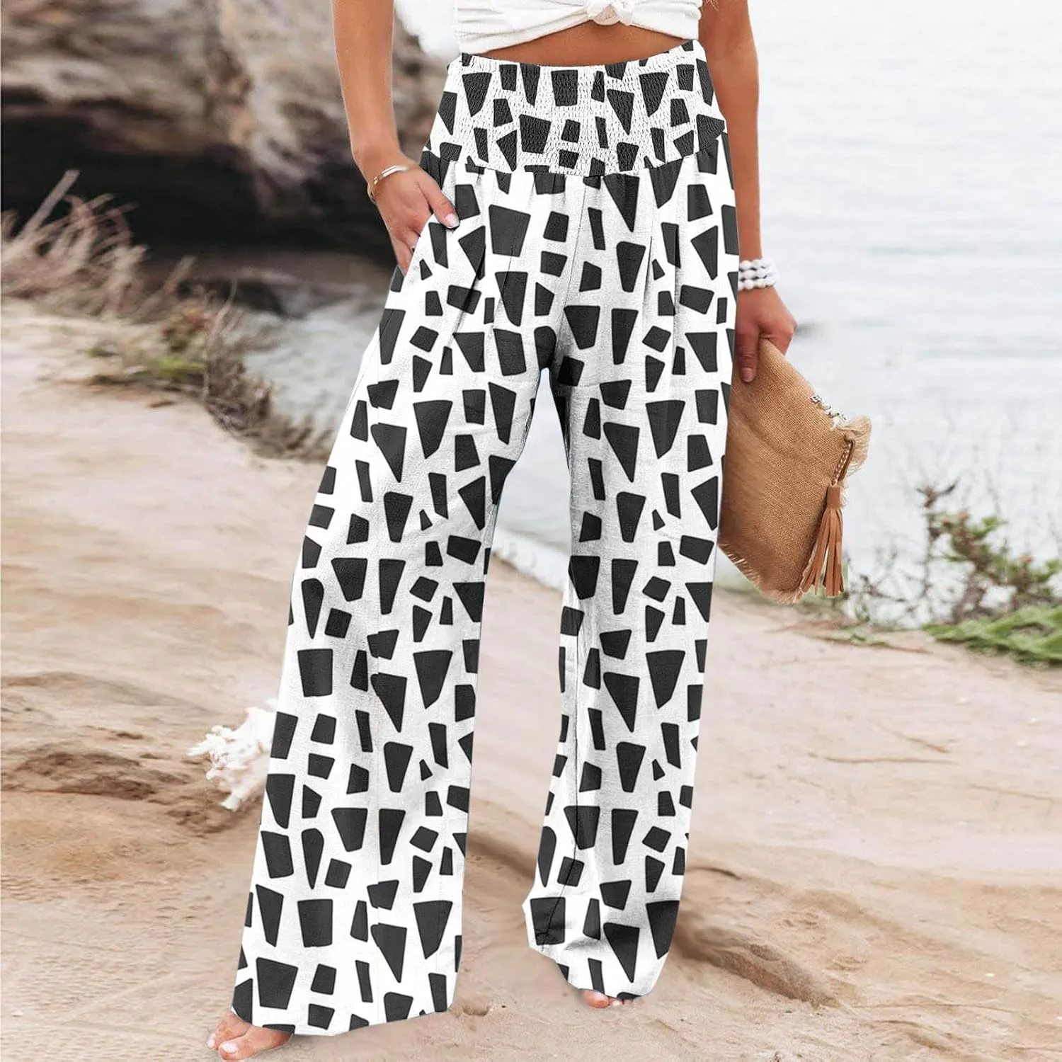 Flowy Summer Pants for Women Casual Loose Printed Linen Beach Pants Women Wide Leg Linen Pants Trousers Pockets