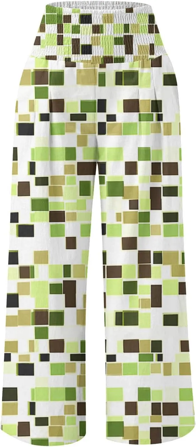 Flowy Summer Pants for Women Casual Loose Printed Linen Beach Pants Women Wide Leg Linen Pants Trousers Pockets