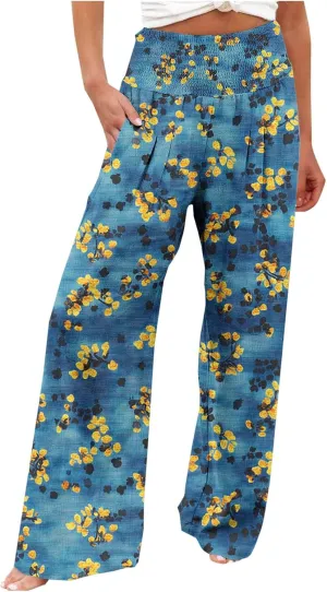 Flowy Summer Pants for Women Casual Loose Printed Linen Beach Pants Women Wide Leg Linen Pants Trousers Pockets