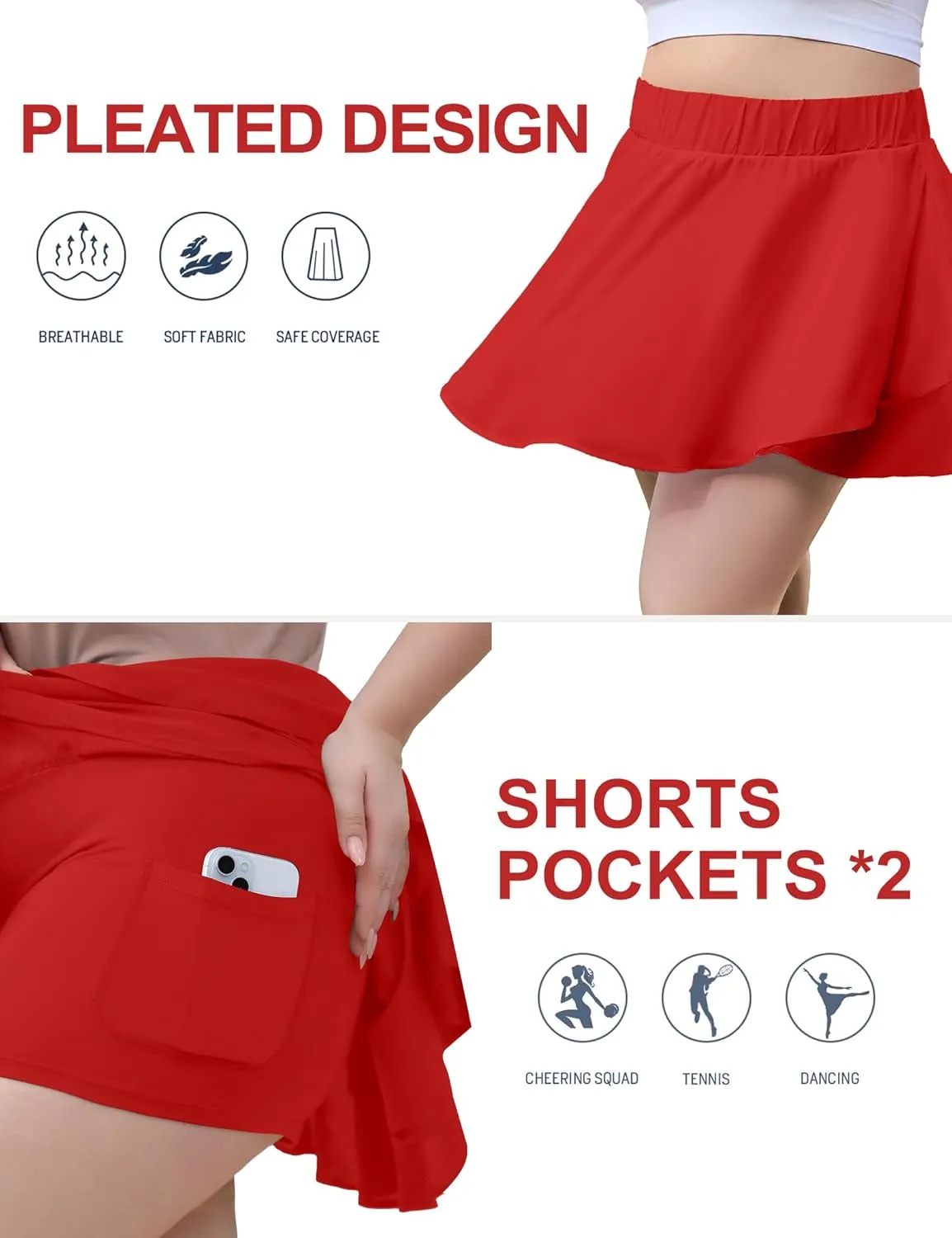 FOREYOND Plus Size Skirt for Curvy Women Pleated Flowy Tennis Skirts with Shorts High Waisted Golf Skorts Workout