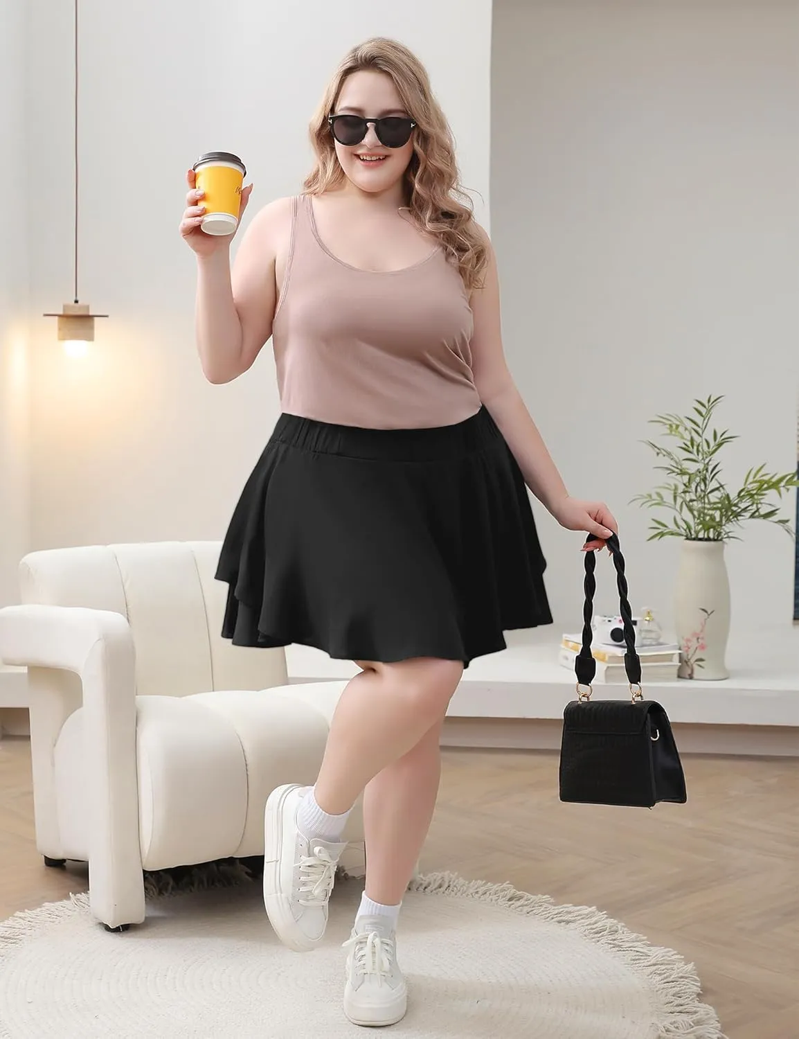 FOREYOND Plus Size Skirt for Curvy Women Pleated Flowy Tennis Skirts with Shorts High Waisted Golf Skorts Workout