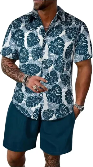 GORGLITTER Men's Hawaiian Matching Set Summer Beach 2 Piece Outfits Flower Button Down Shirts and Shorts Set