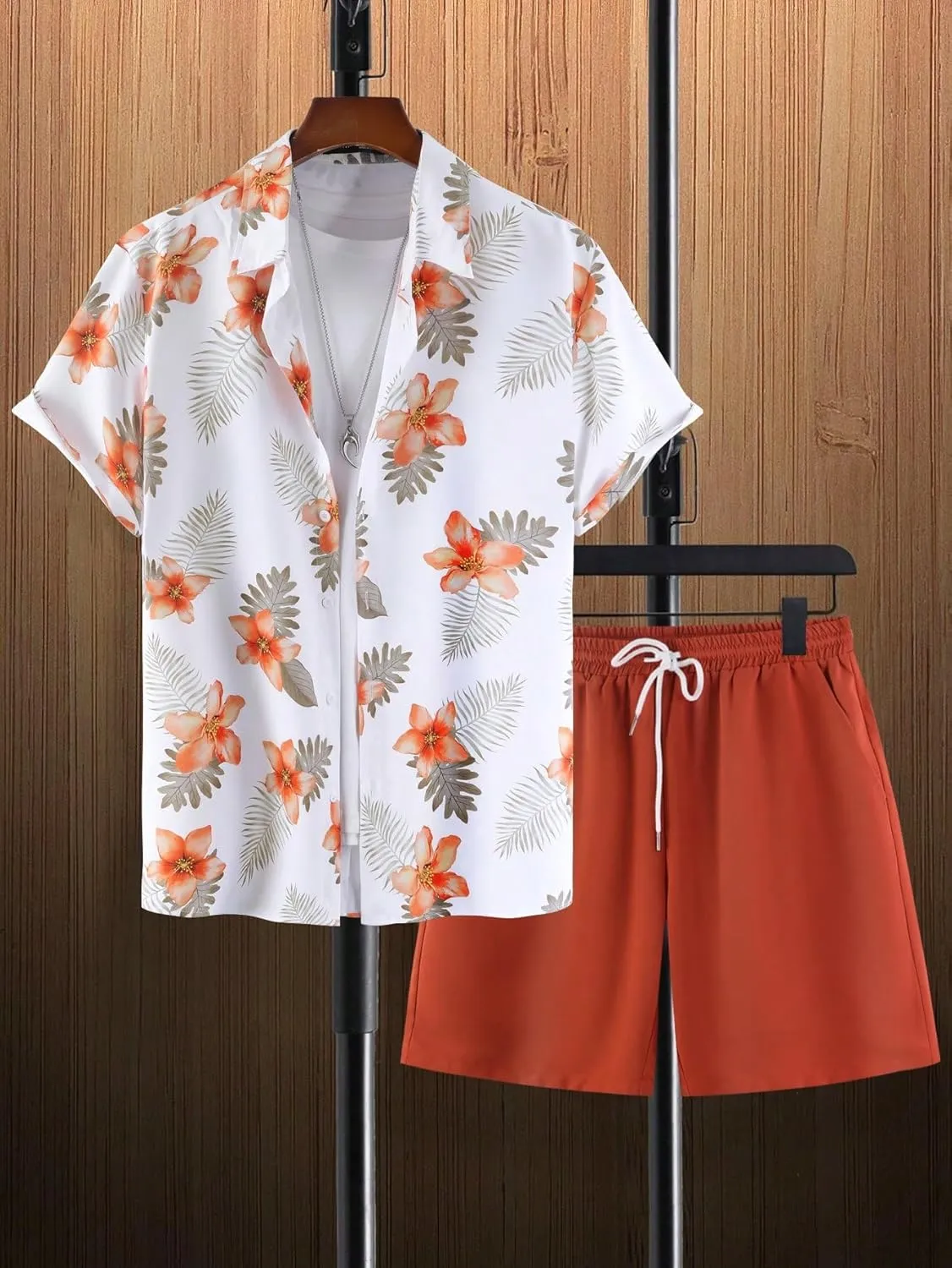 GORGLITTER Men's Hawaiian Matching Set Summer Beach 2 Piece Outfits Flower Button Down Shirts and Shorts Set