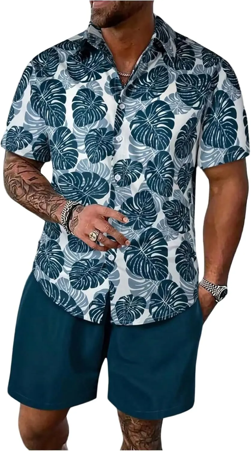 GORGLITTER Men's Hawaiian Matching Set Summer Beach 2 Piece Outfits Flower Button Down Shirts and Shorts Set