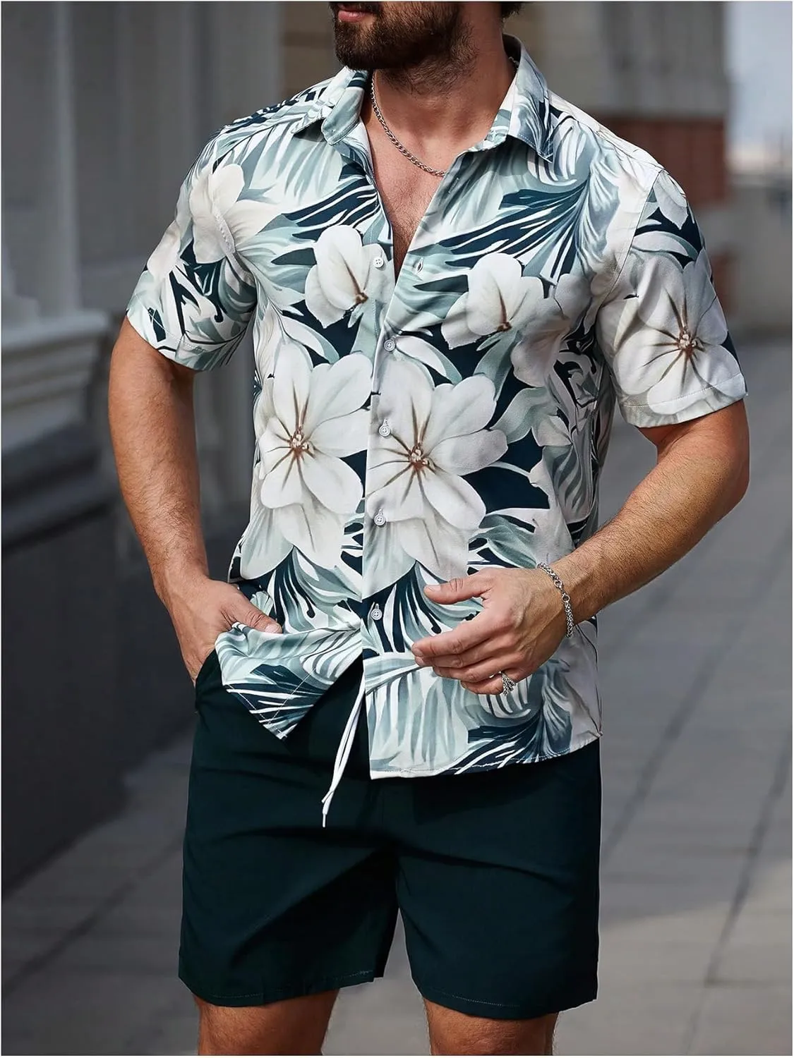 GORGLITTER Men's Hawaiian Matching Set Summer Beach 2 Piece Outfits Flower Button Down Shirts and Shorts Set