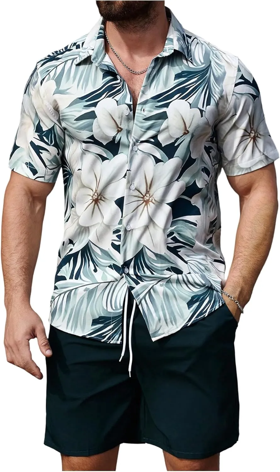 GORGLITTER Men's Hawaiian Matching Set Summer Beach 2 Piece Outfits Flower Button Down Shirts and Shorts Set
