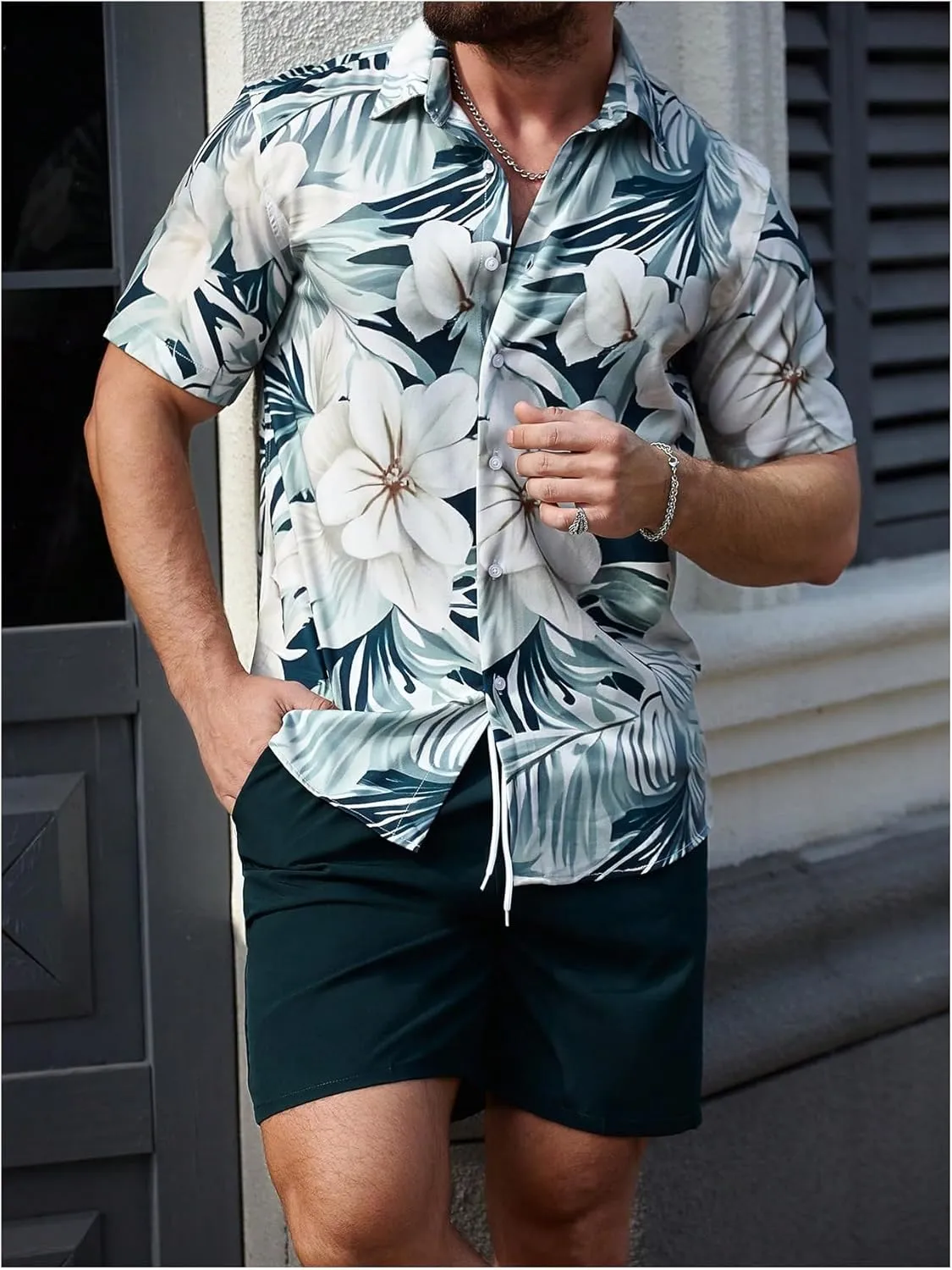 GORGLITTER Men's Hawaiian Matching Set Summer Beach 2 Piece Outfits Flower Button Down Shirts and Shorts Set