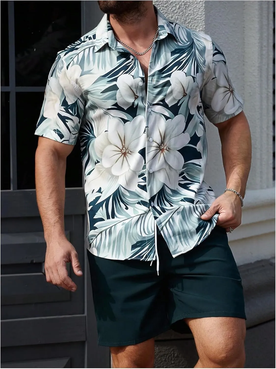 GORGLITTER Men's Hawaiian Matching Set Summer Beach 2 Piece Outfits Flower Button Down Shirts and Shorts Set