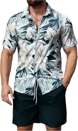 GORGLITTER Men's Hawaiian Matching Set Summer Beach 2 Piece Outfits Flower Button Down Shirts and Shorts Set