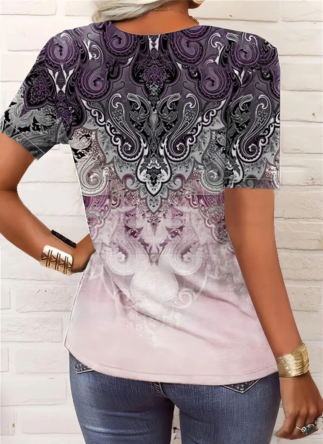 Graphic Tees for Women Short Sleeve Button Up V Neck 2025 Spring Hippie Top Western Casual Floral Boho Shirts