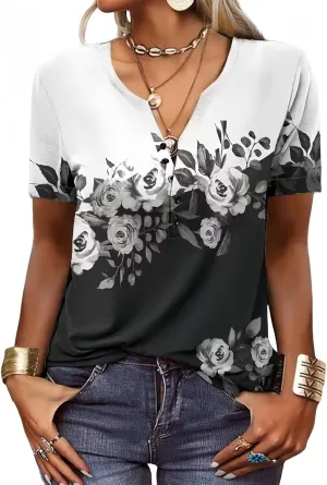 Graphic Tees for Women Short Sleeve Button Up V Neck 2025 Spring Hippie Top Western Casual Floral Boho Shirts