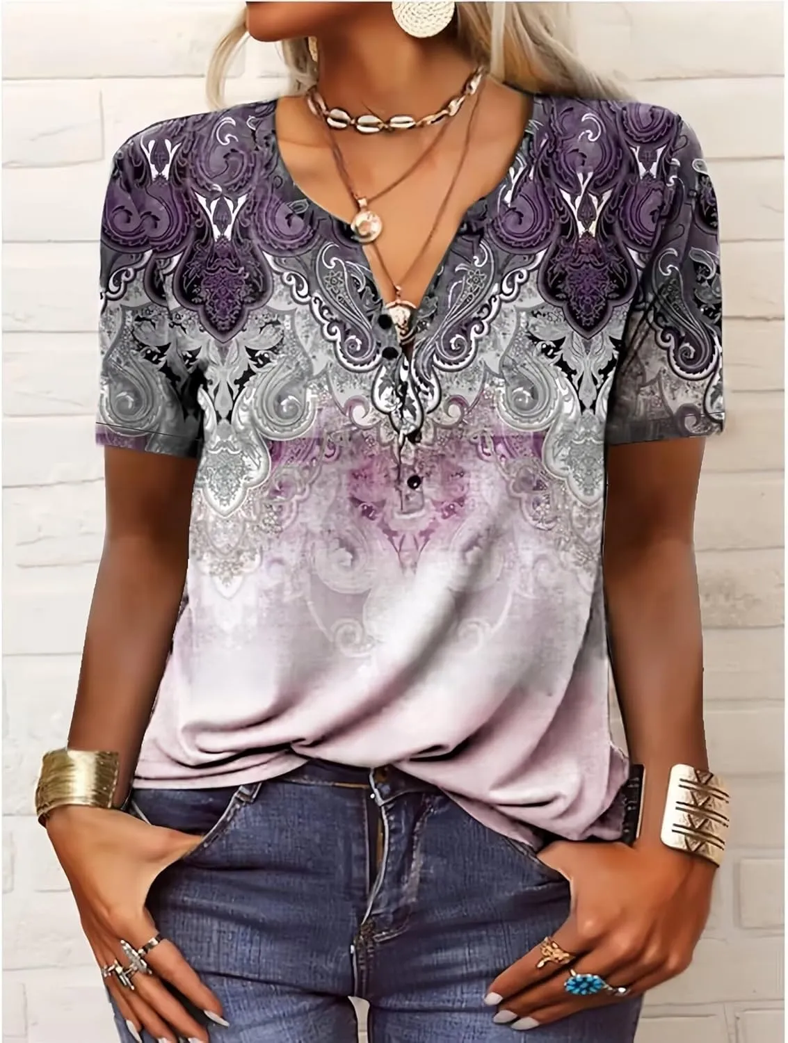 Graphic Tees for Women Short Sleeve Button Up V Neck 2025 Spring Hippie Top Western Casual Floral Boho Shirts