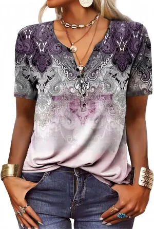 Graphic Tees for Women Short Sleeve Button Up V Neck 2025 Spring Hippie Top Western Casual Floral Boho Shirts