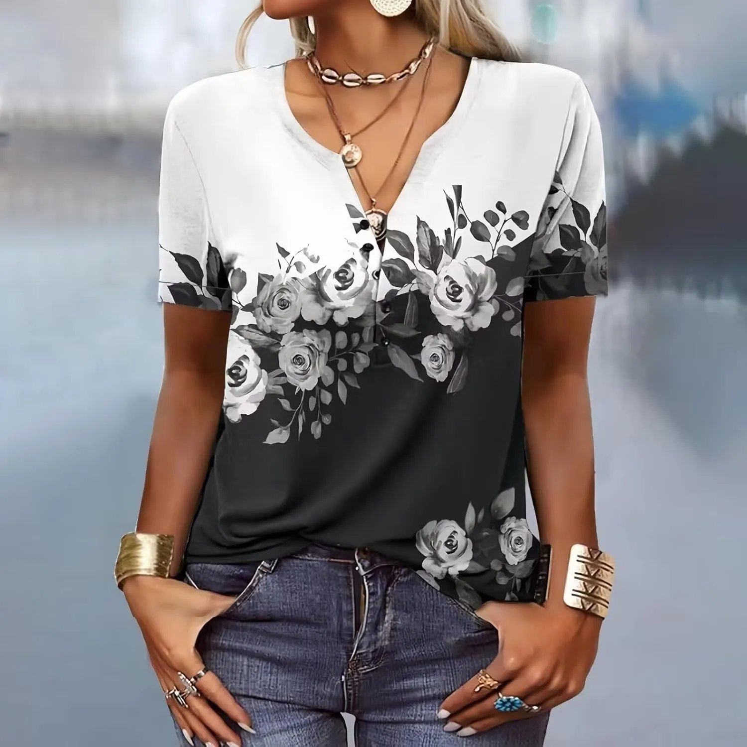 Graphic Tees for Women Short Sleeve Button Up V Neck 2025 Spring Hippie Top Western Casual Floral Boho Shirts
