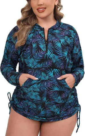 Halcurt Plus Size Rash Guard for Women UPF 50  Zip Drawstring Ruched Pocket Top
