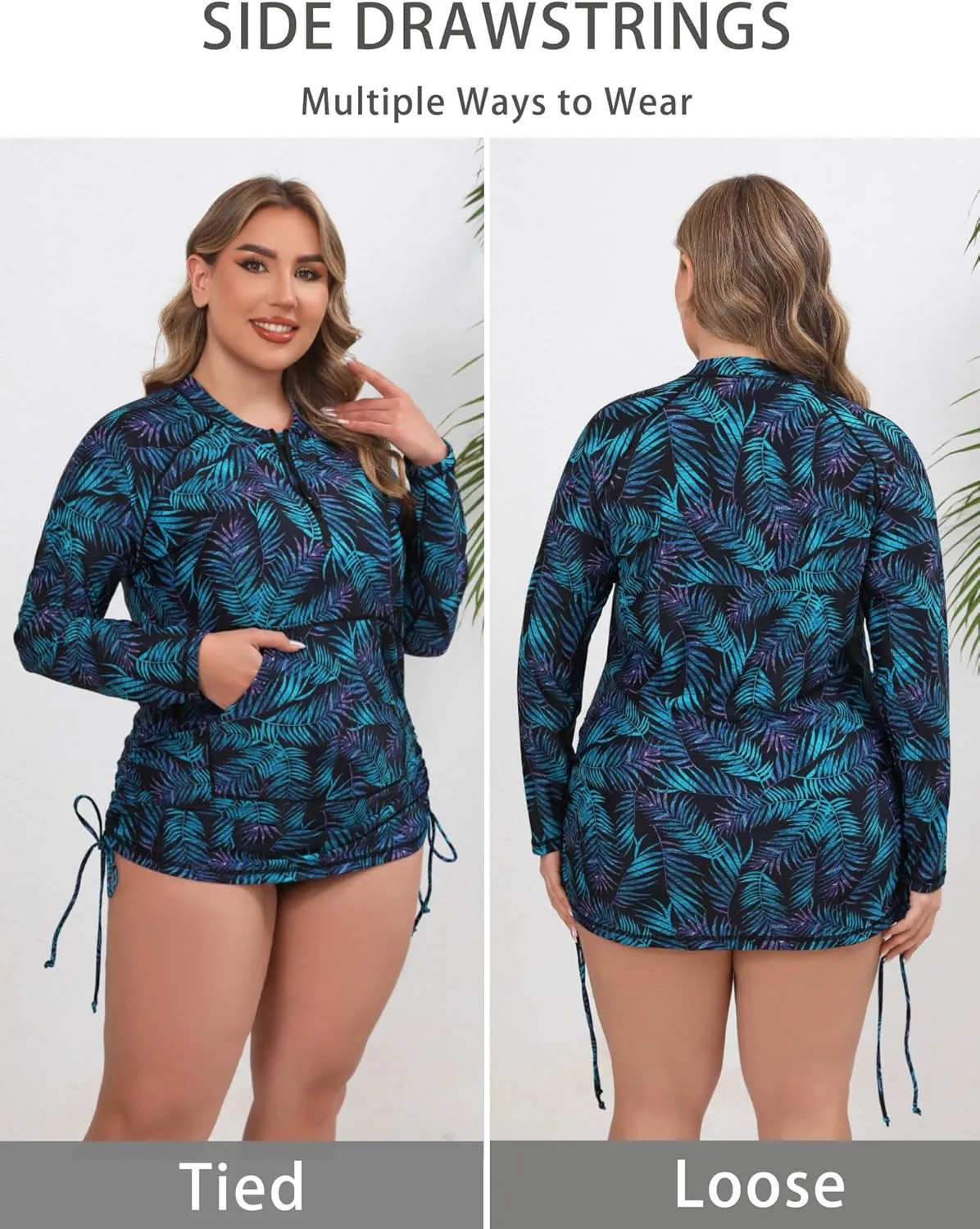 Halcurt Plus Size Rash Guard for Women UPF 50  Zip Drawstring Ruched Pocket Top