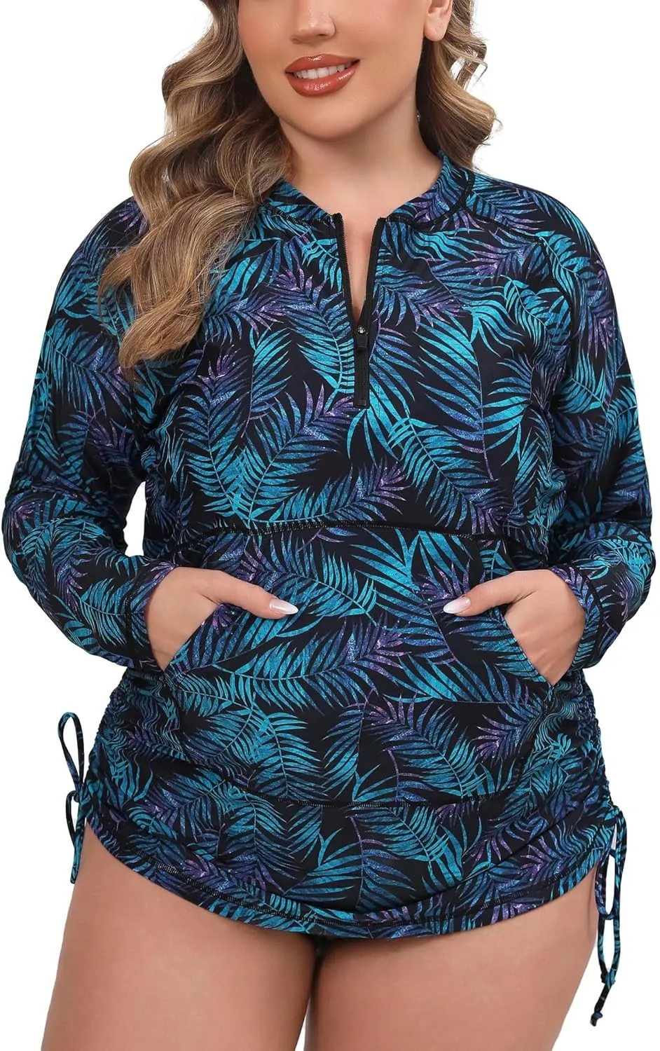 Halcurt Plus Size Rash Guard for Women UPF 50  Zip Drawstring Ruched Pocket Top