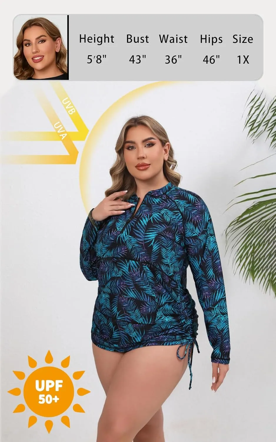 Halcurt Plus Size Rash Guard for Women UPF 50  Zip Drawstring Ruched Pocket Top