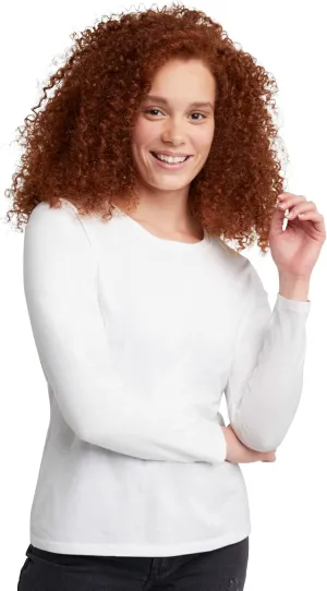 Hanes Long Sleeve Cotton T-Shirt, Lightweight Crewneck Tee for Women, Modern Fit, White, Medium