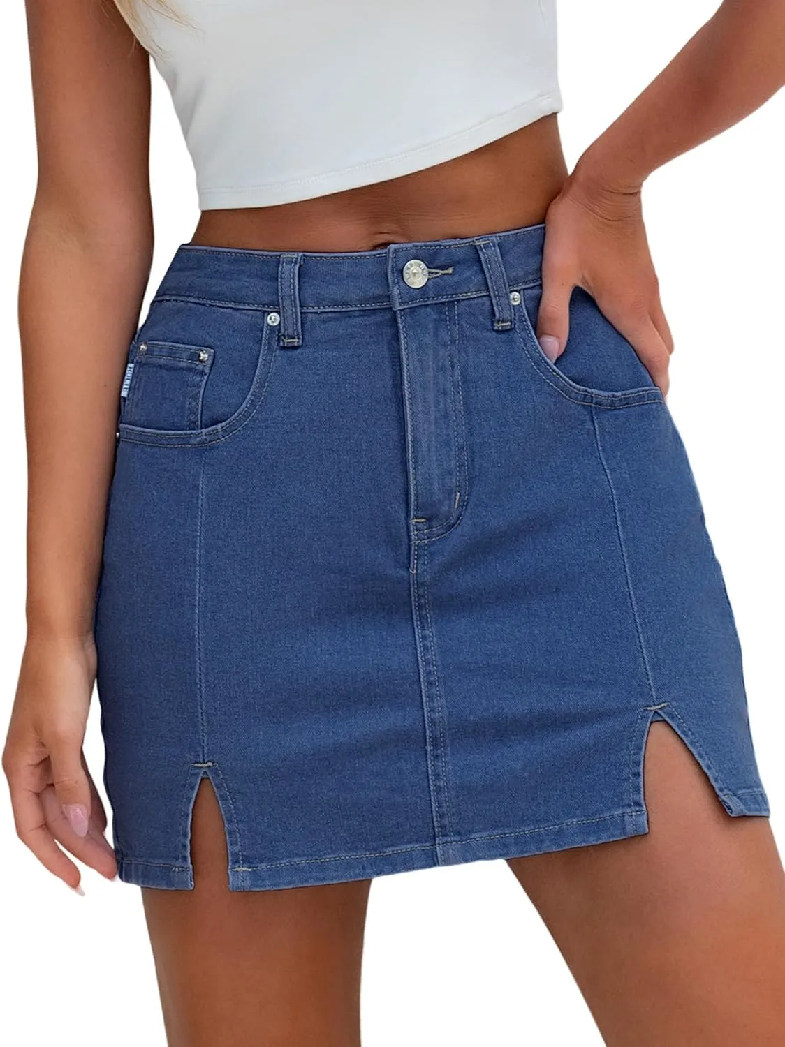 HDLTE Denim Skirts for Women - High Waisted Jean Skorts with Slit Cute Skort Shorts Casual
