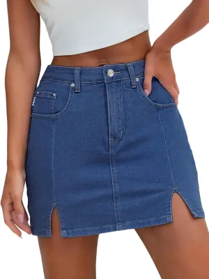 HDLTE Denim Skirts for Women - High Waisted Jean Skorts with Slit Cute Skort Shorts Casual