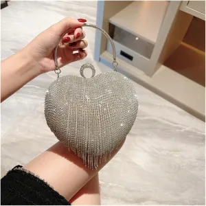 Heart Shape Rhinestone Tassel Evening Bag Women Party Clutches Handbag Glitter Banquet Wedding Chain Shoulder Bag