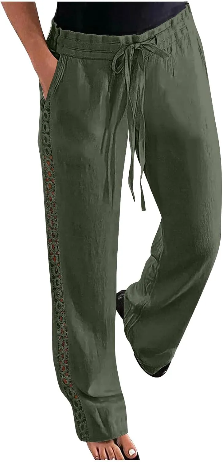High Waisted Linen Pants for Women Straight Wide Leg Linen Pants for Women Dressy Flowy Beach Pants Trousers