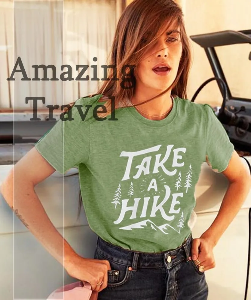 Hiking Shirt for Women Adventure Mountain Graphic Athletic Shirts Funny Hike More Worry Less Tee Tops