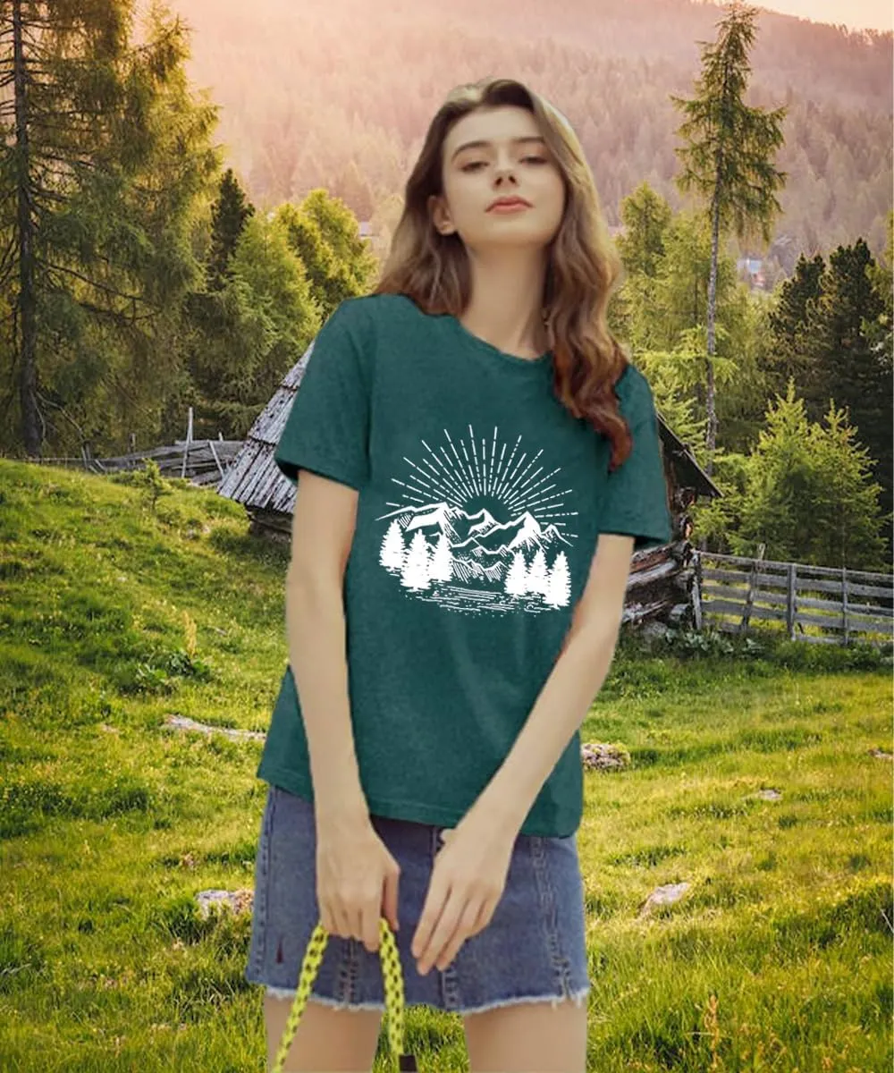 Hiking Shirt for Women Funny Nature Sunrise Graphic Mountain T Shirt Summer Casual Workout Short Sleeve Adventure Tees