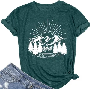 Hiking Shirt for Women Funny Nature Sunrise Graphic Mountain T Shirt Summer Casual Workout Short Sleeve Adventure Tees