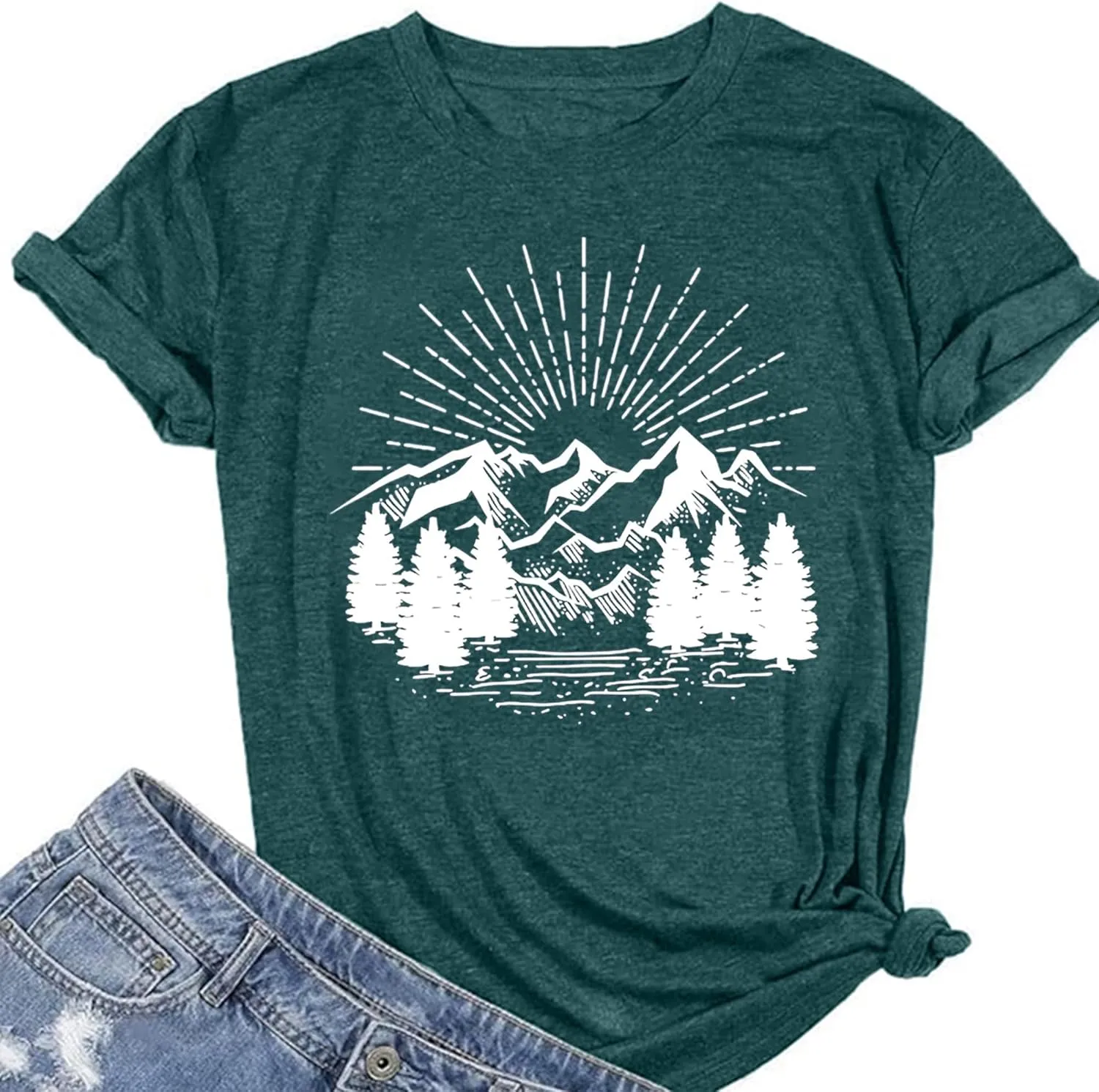 Hiking Shirt for Women Funny Nature Sunrise Graphic Mountain T Shirt Summer Casual Workout Short Sleeve Adventure Tees