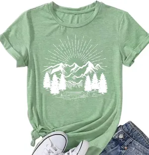 Hiking Shirt for Women Funny Nature Sunrise Graphic Mountain T Shirt Summer Casual Workout Short Sleeve Adventure Tees