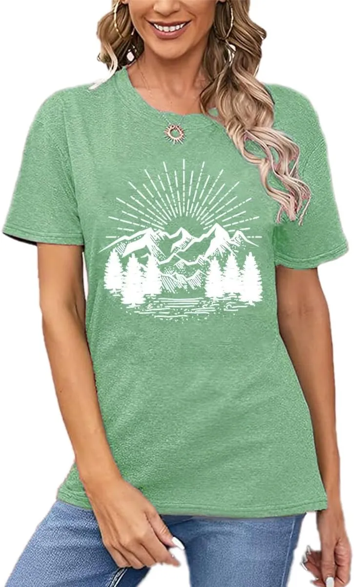 Hiking Shirt for Women Funny Nature Sunrise Graphic Mountain T Shirt Summer Casual Workout Short Sleeve Adventure Tees