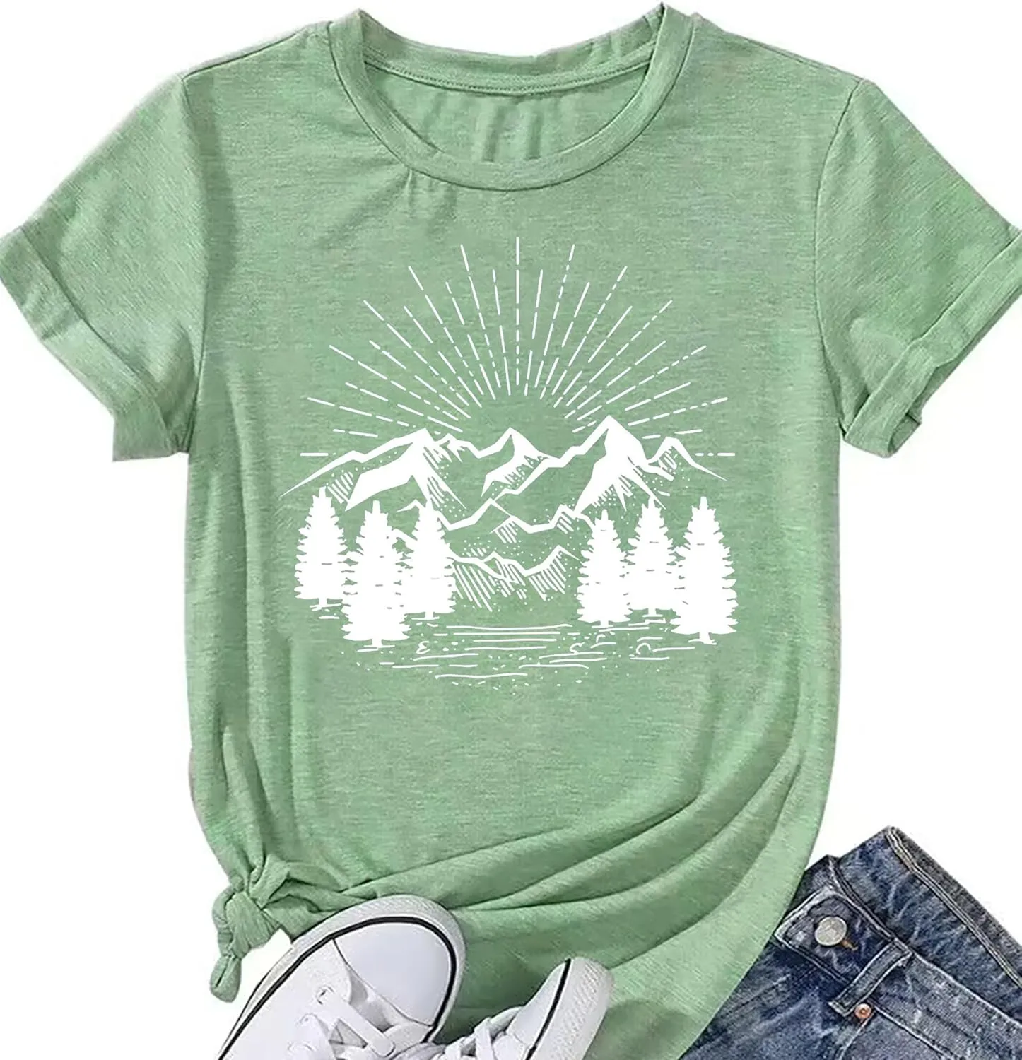 Hiking Shirt for Women Funny Nature Sunrise Graphic Mountain T Shirt Summer Casual Workout Short Sleeve Adventure Tees