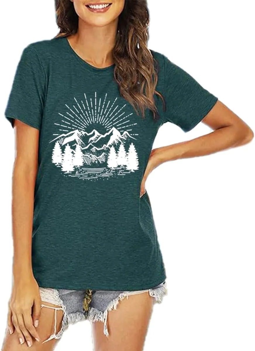 Hiking Shirt for Women Funny Nature Sunrise Graphic Mountain T Shirt Summer Casual Workout Short Sleeve Adventure Tees