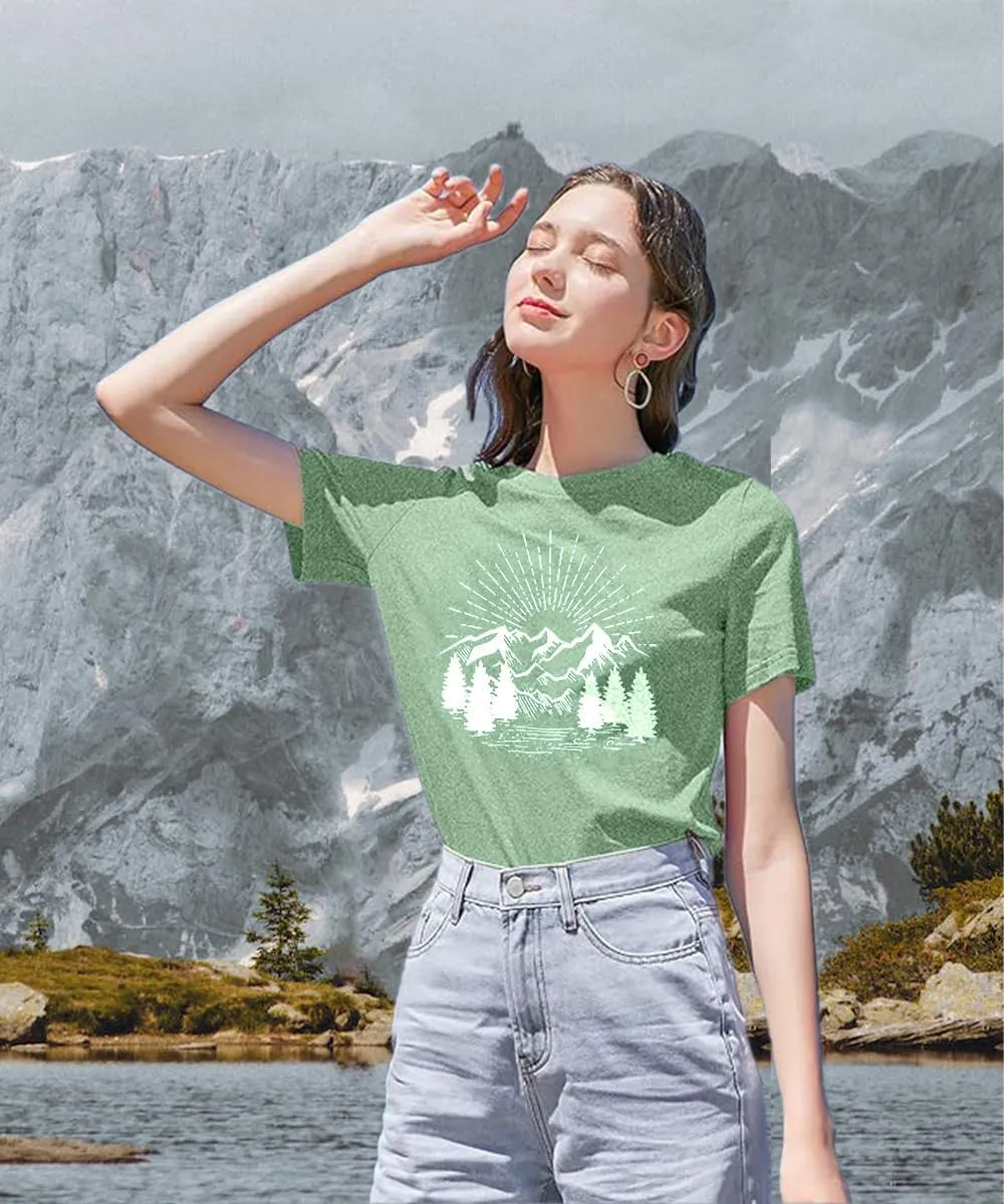Hiking Shirt for Women Funny Nature Sunrise Graphic Mountain T Shirt Summer Casual Workout Short Sleeve Adventure Tees