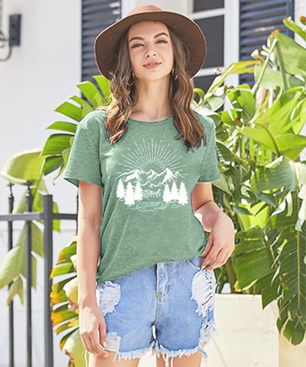 Hiking Shirt for Women Funny Nature Sunrise Graphic Mountain T Shirt Summer Casual Workout Short Sleeve Adventure Tees